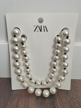 ZARA White Faux Pearl Double Strand Necklace with Black Accents. Size OS. #AH